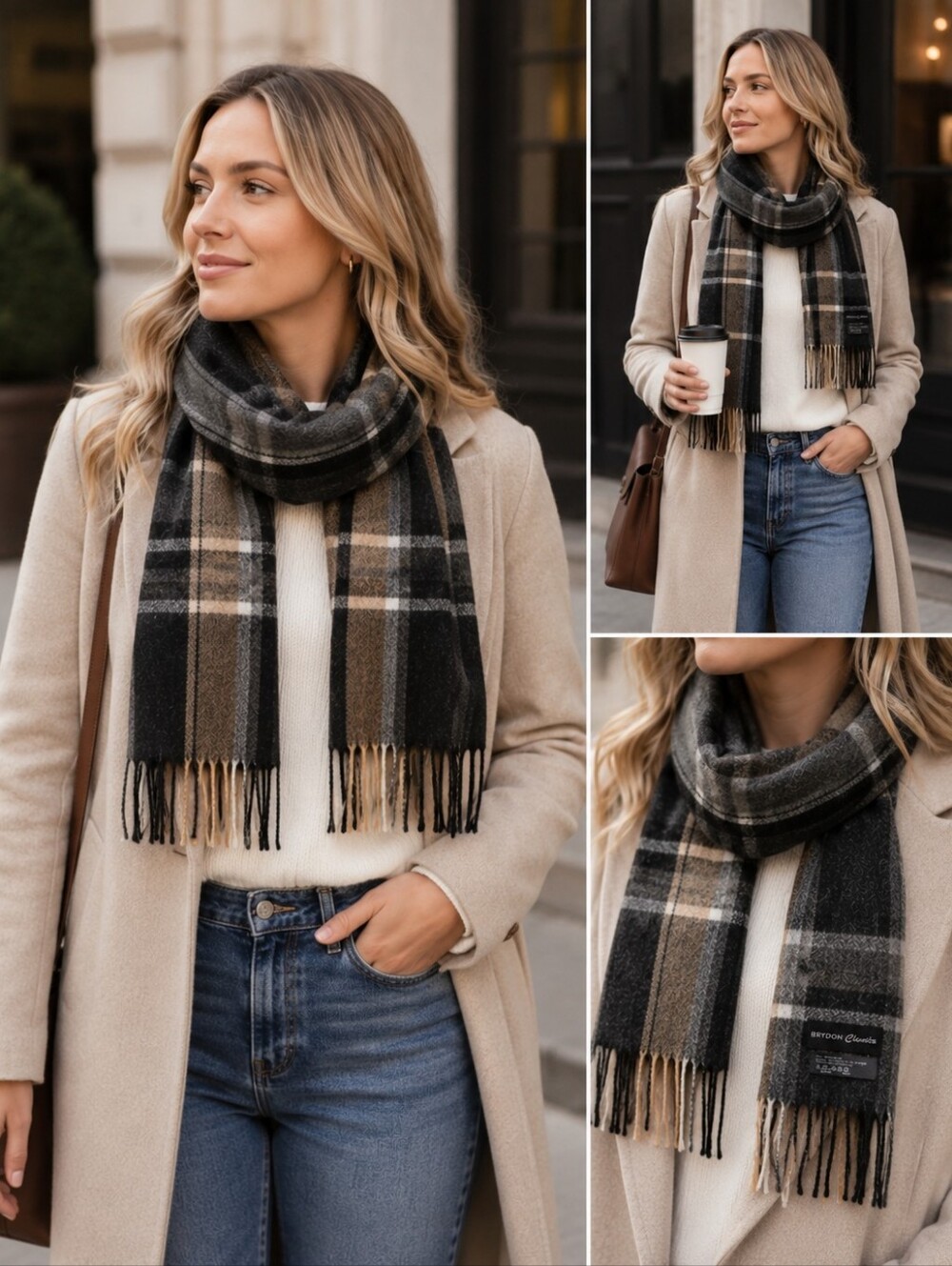 Plaid Fringe Scarf in Black, Gray & Tan